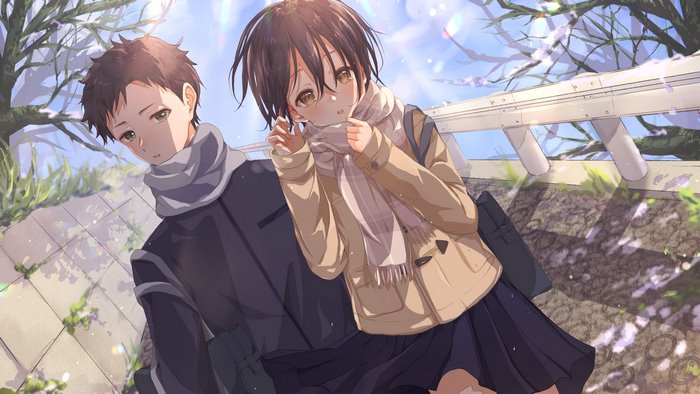 Anime couple walking outdoors on a sunny day
