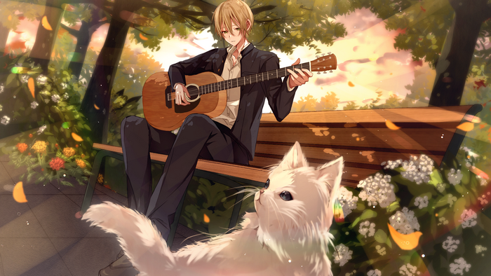 Boy playing guitar with cat on bench