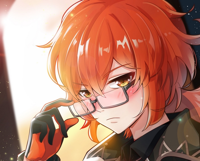 Diluc from Genshin Impact wearing glasses