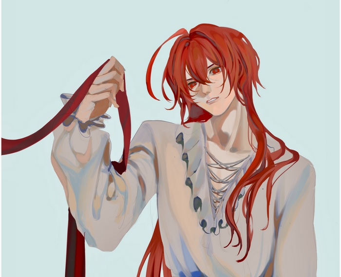 Diluc from Genshin Impact holding a red ribbon