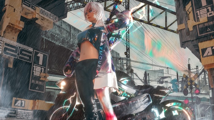 Woman with sword in futuristic city during rain