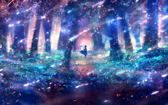 Girl dancing in a magical forest