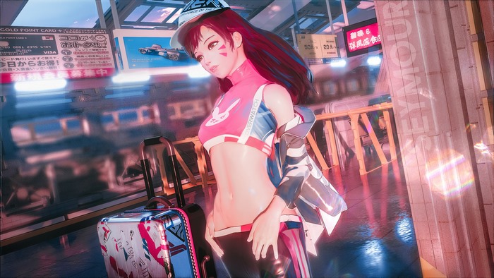 D.Va from Overwatch in a futuristic city