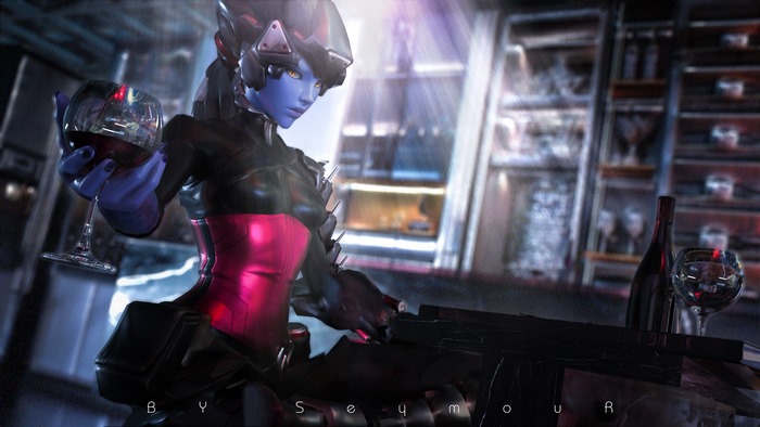 Widowmaker from Overwatch holding wine