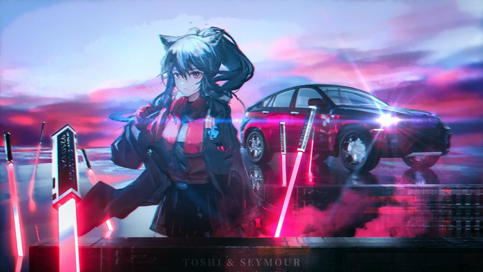 Texas from Arknights with car and swords