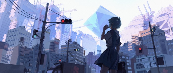 Rei Ayanami in a futuristic Tokyo cityscape