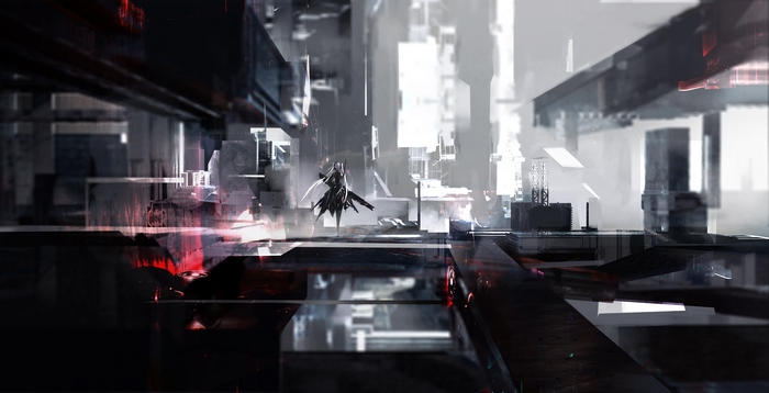 A lone figure with long hair in a futuristic city