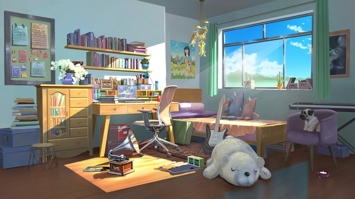 Anime room with books, guitars, and a pug