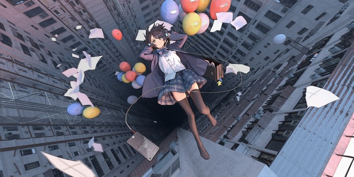 Girl with balloons falling between buildings