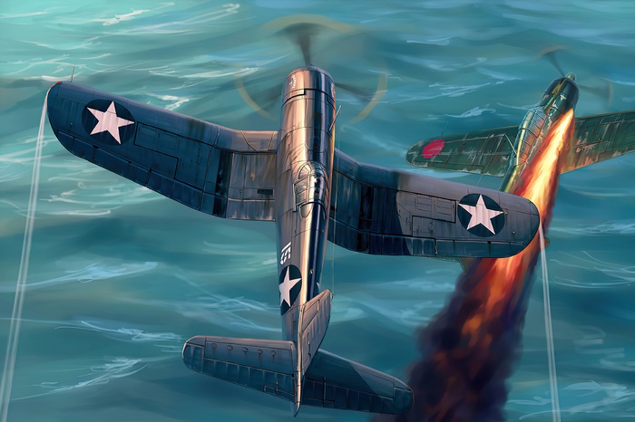 Vought F4U Corsair engaging enemy aircraft over water