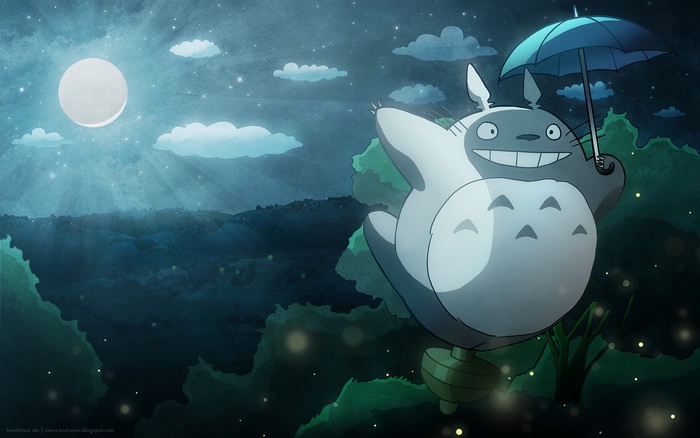 Totoro with Umbrella in a Moonlit Forest
