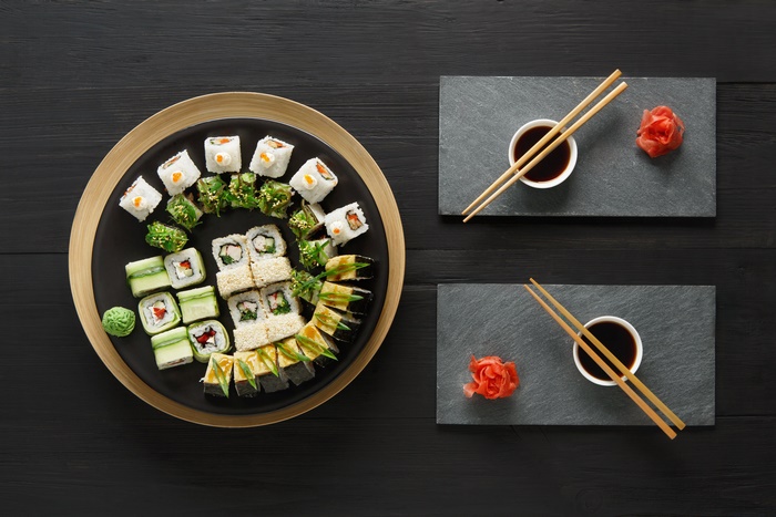 Sushi platter with chopsticks and soy sauce