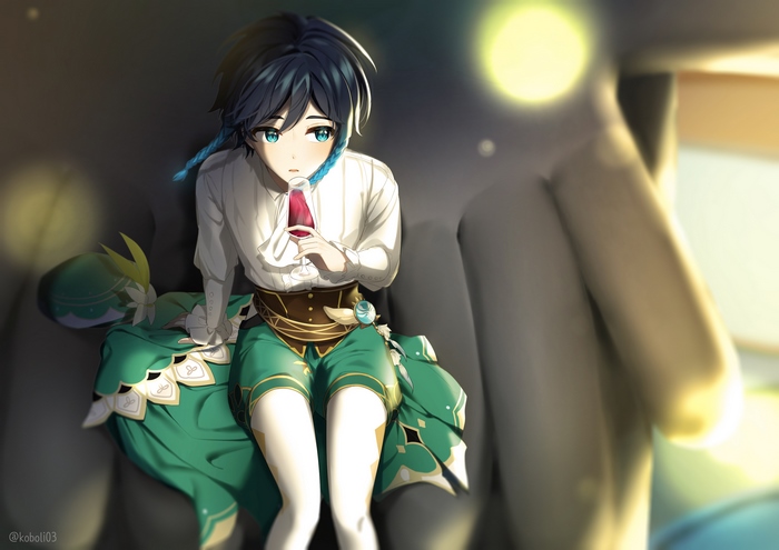 Venti from Genshin Impact holding a glass of wine