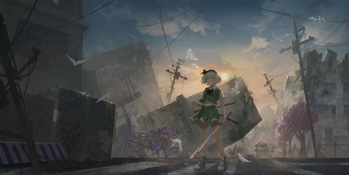 Youmu Konpaku from Touhou in a ruined city
