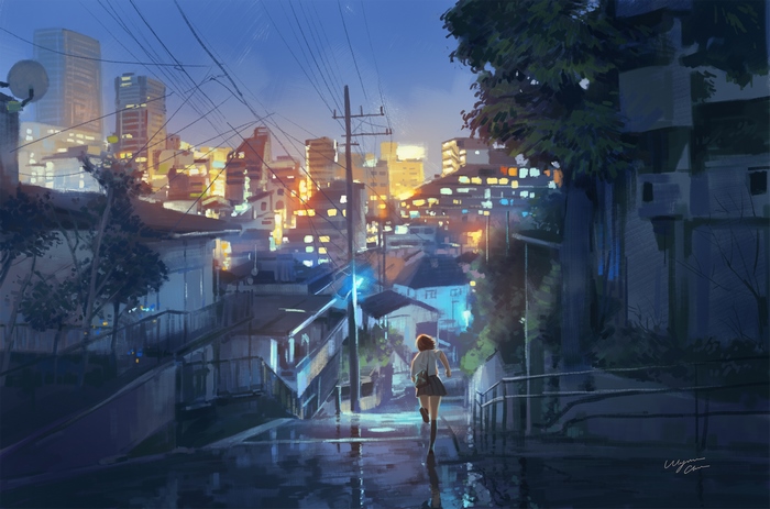 Girl running down a wet street in a city at dusk