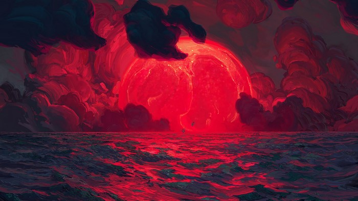 Red Sun over the Sea with Clouds