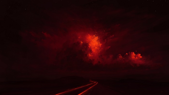 Fiery clouds over a dark landscape with light trails