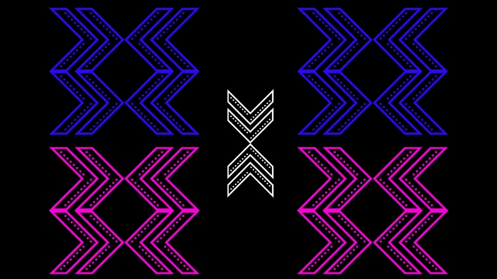 Abstract geometric shapes with chevron patterns in blue, pink, and white