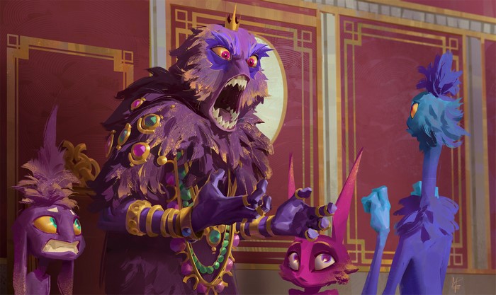 Angry purple creature with crown and jewels