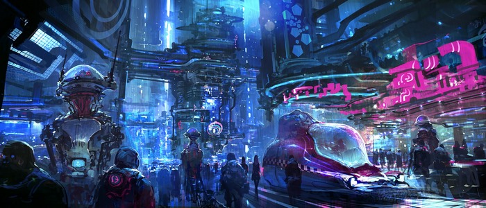 Futuristic Cityscape with Robots and People