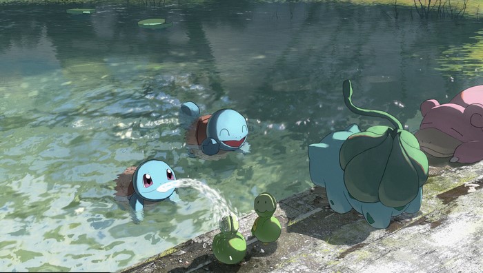 Pokémon Characters Squirtle, Bulbasaur, and Slowpoke by the Water