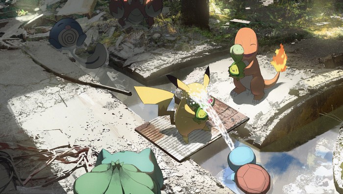 Pokémon: Pikachu, Charmander, Bulbasaur, Squirtle, Poliwag in ruins