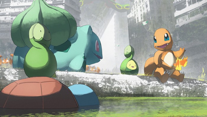 Bulbasaur, Squirtle, Charmander, and Budew in a ruined city