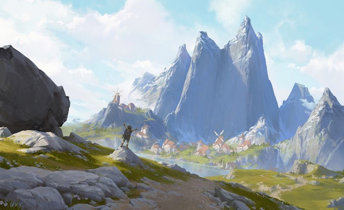 A traveler celebrates in a mountain village