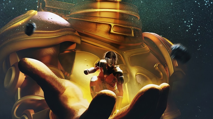 Ikaris from Eternals in a golden mech suit