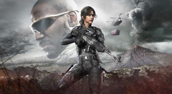 Player Unknown's Battlegrounds character with volcano and helicopter