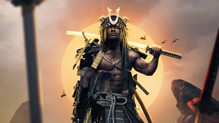Samurai warrior with swords and armor