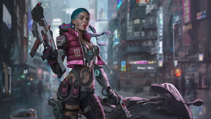 Sci-fi biker woman with guns and motorcycle