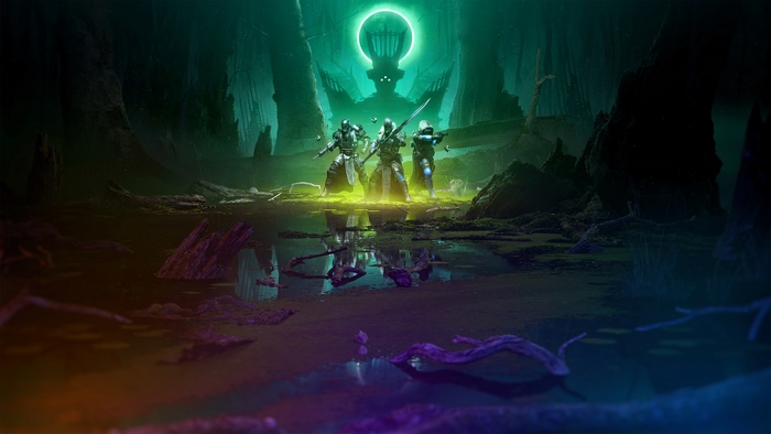 Guardians in a dark, swampy environment with a large figure in the background