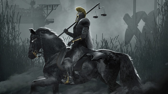 Knight on horseback holding scales
