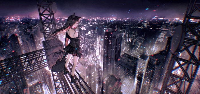 Anime girl with cat ears on a city tower at night