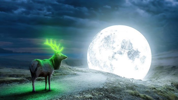 Digital art of a glowing reindeer under the moon