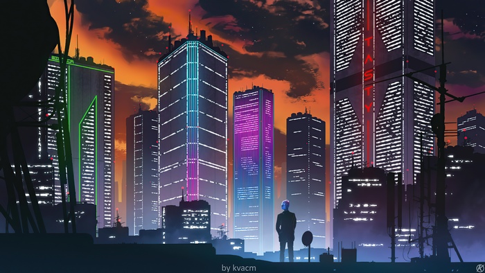 Cyberpunk Cityscape with a Lone Figure