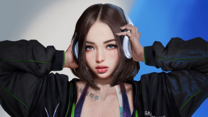 Samsung Sam wearing headphones