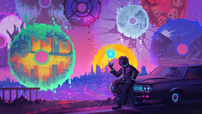 Digital art of a man with a car and floating worlds