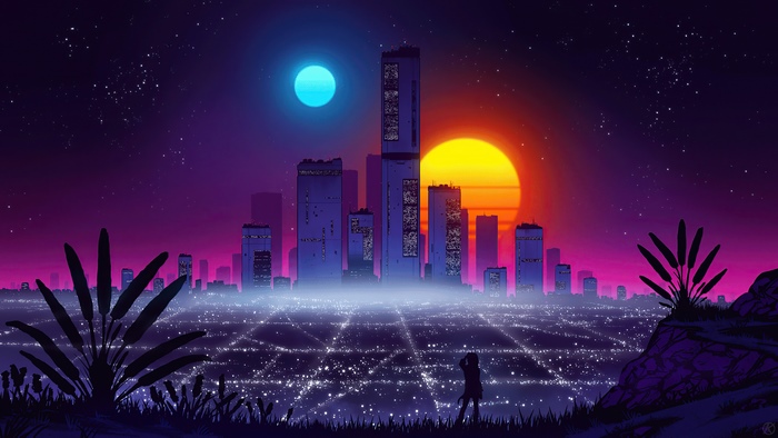 Synthwave city skyline with two suns