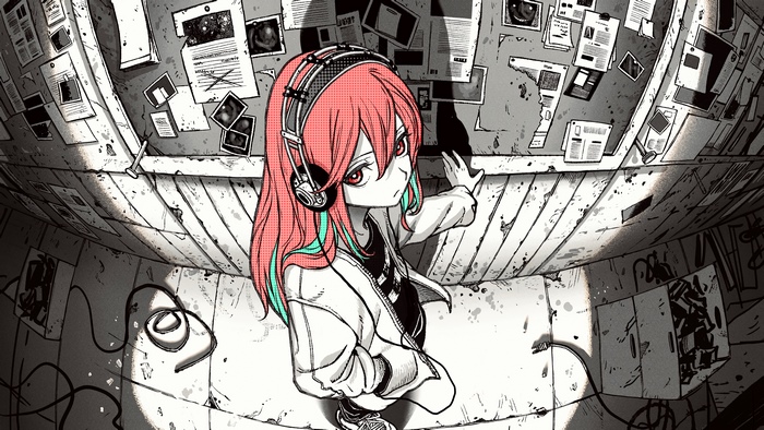 Anime girl with headphones in a room with papers