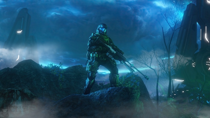 Master Chief from Halo standing on a rocky outcrop