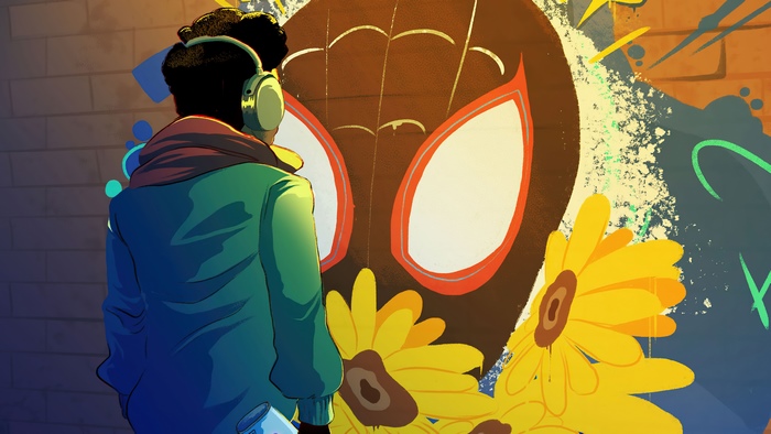 Miles Morales looking at Spider-Man graffiti art