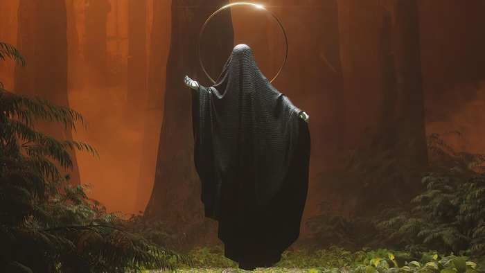 Figure in black cloak with golden halo in forest
