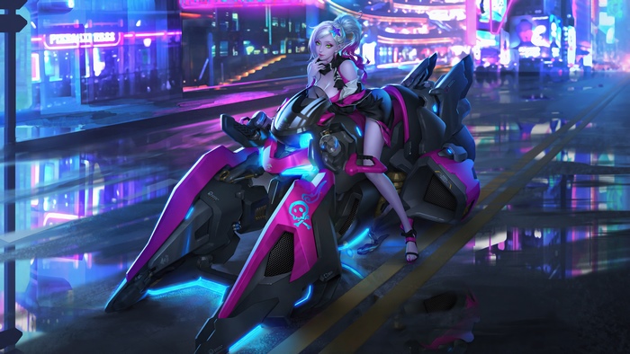 Girl on a futuristic motorcycle in a neon city