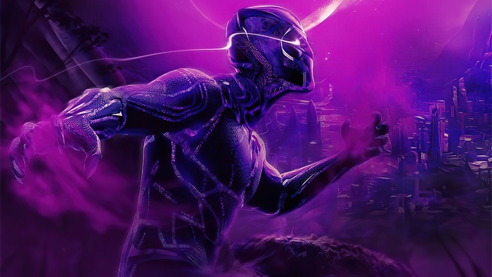 Black Panther in a purple, futuristic city
