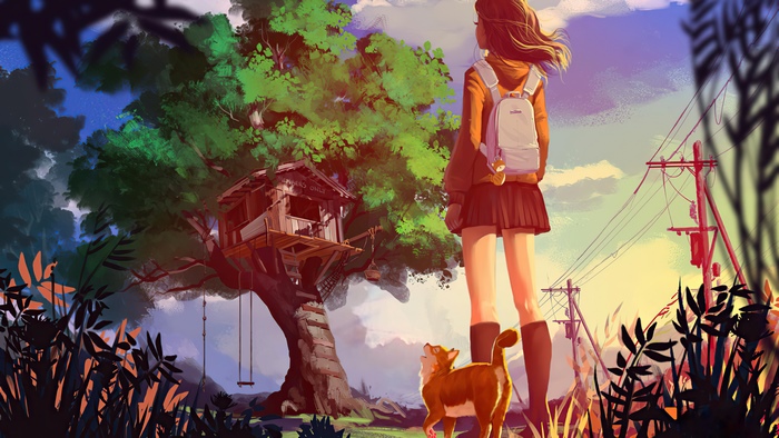 Anime girl and dog by treehouse