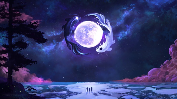 Tui and La with Moon and Galaxy