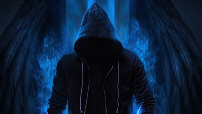 Mysterious Hooded Figure with Blue Wings 4K