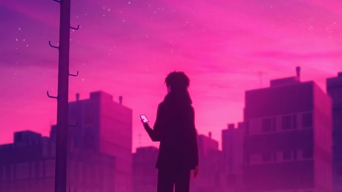Anime artwork of a person with a phone at sunset